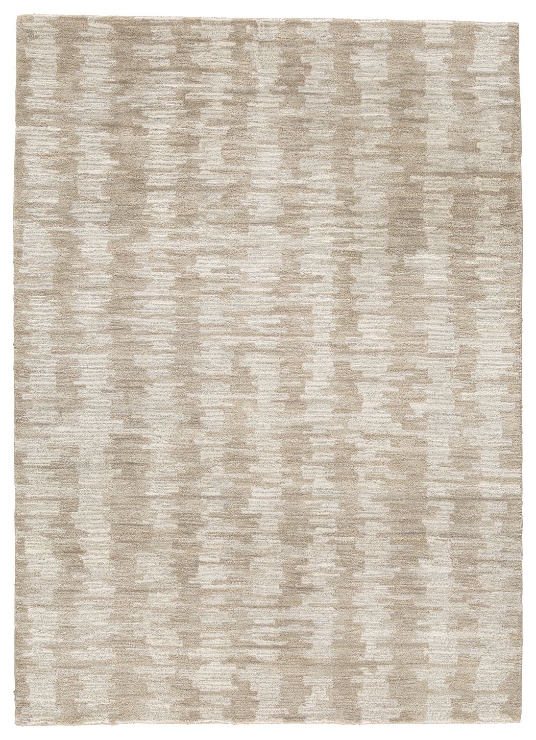 Light brown area rug with mottled abstract pattern, rectangular flat weave