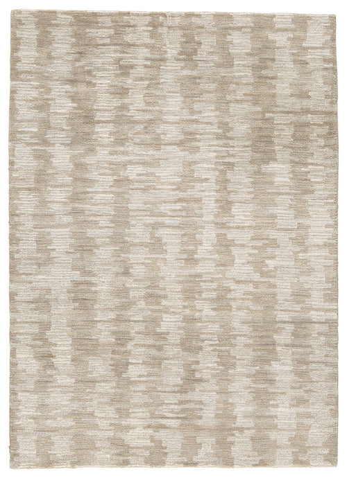 Light brown area rug with mottled abstract pattern, rectangular flat weave