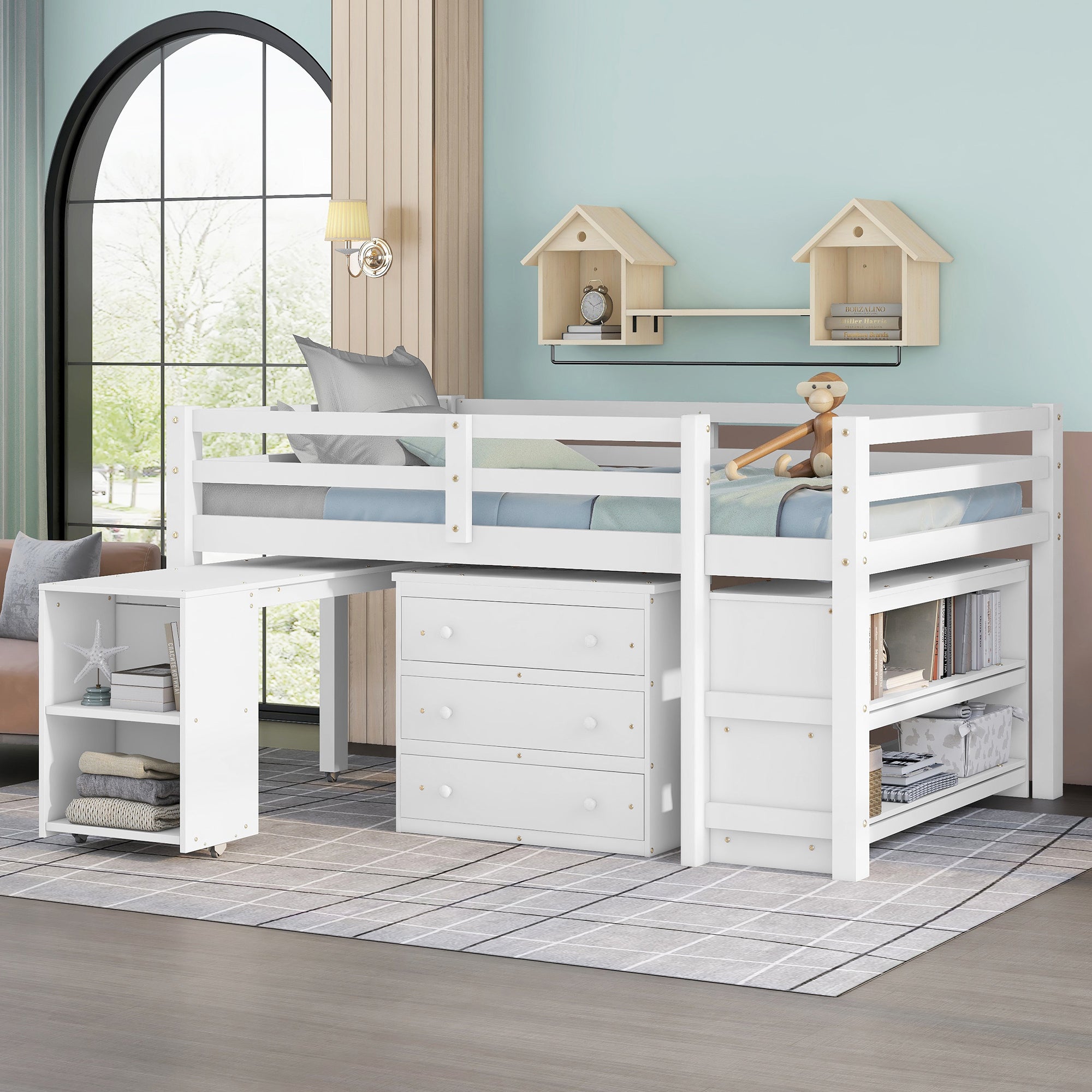 White Low Study Full Loft Bed with Desk, Cabinet & Shelves