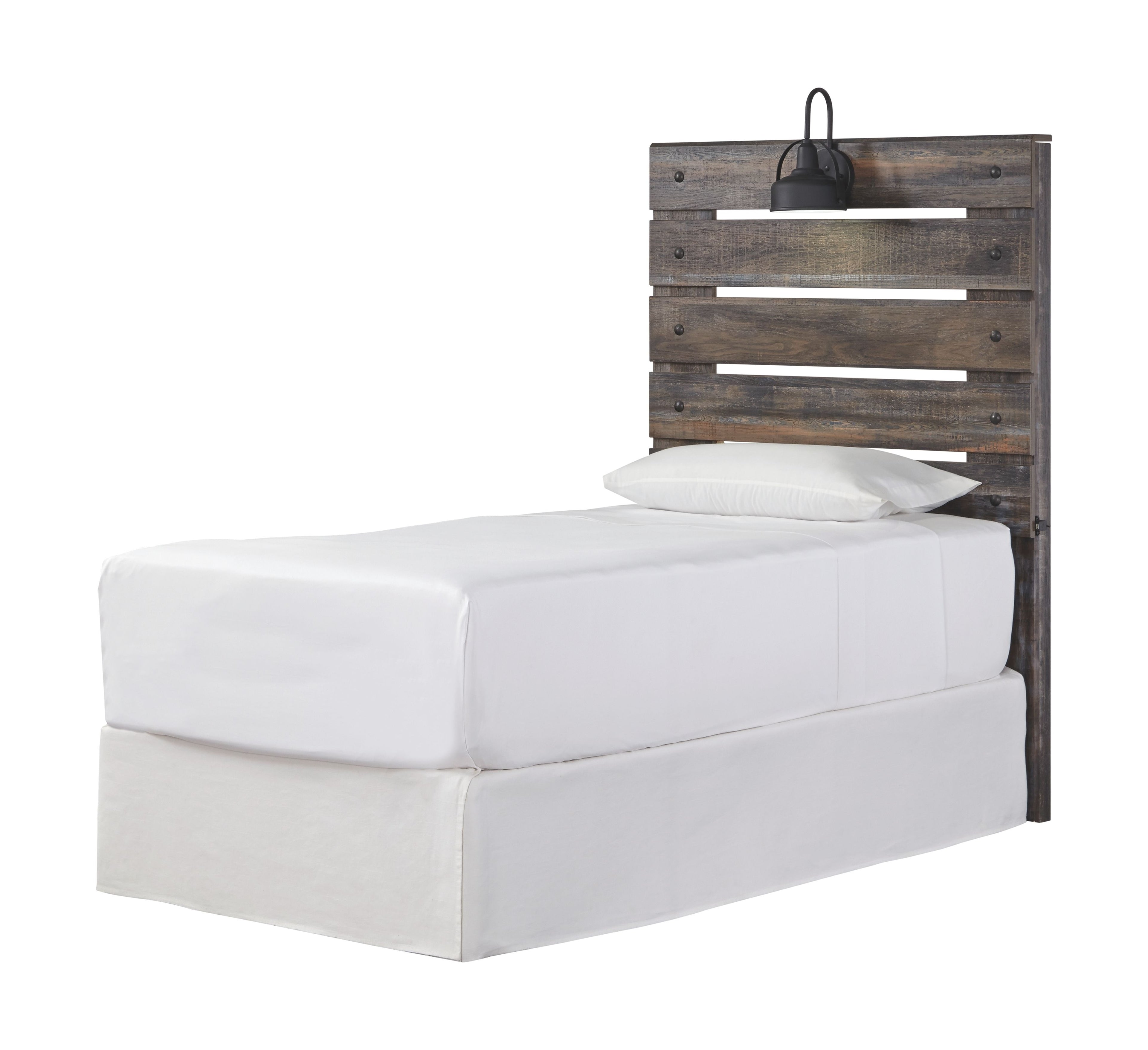 Youth panel headboard bed frame with white upholstered bed base and dark wood headboard