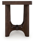 Dark brown rectangular cocktail table with arched side apron and center brace bar