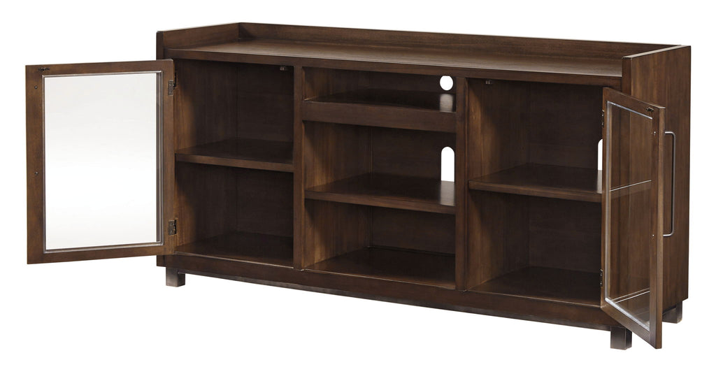 Dark brown TV stand with multiple interior shelves and two hinged cabinet doors