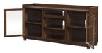 Dark brown TV stand with multiple interior shelves and two hinged cabinet doors