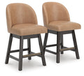 Set of 2 faux leather barstools with medium brown cushioned seats, dark frames, and backs