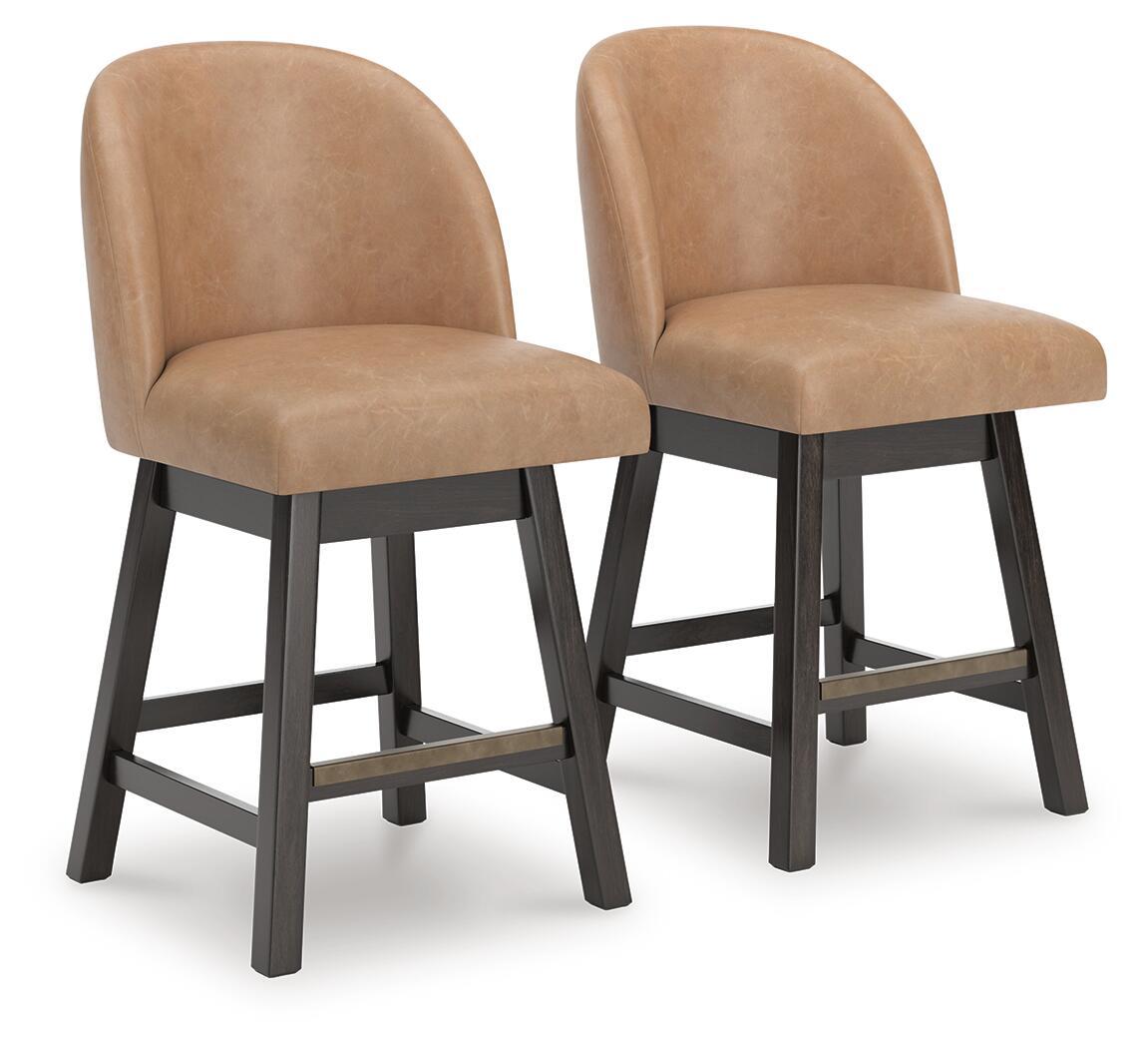 Set of 2 faux leather barstools with medium brown cushioned seats, dark frames, and backs