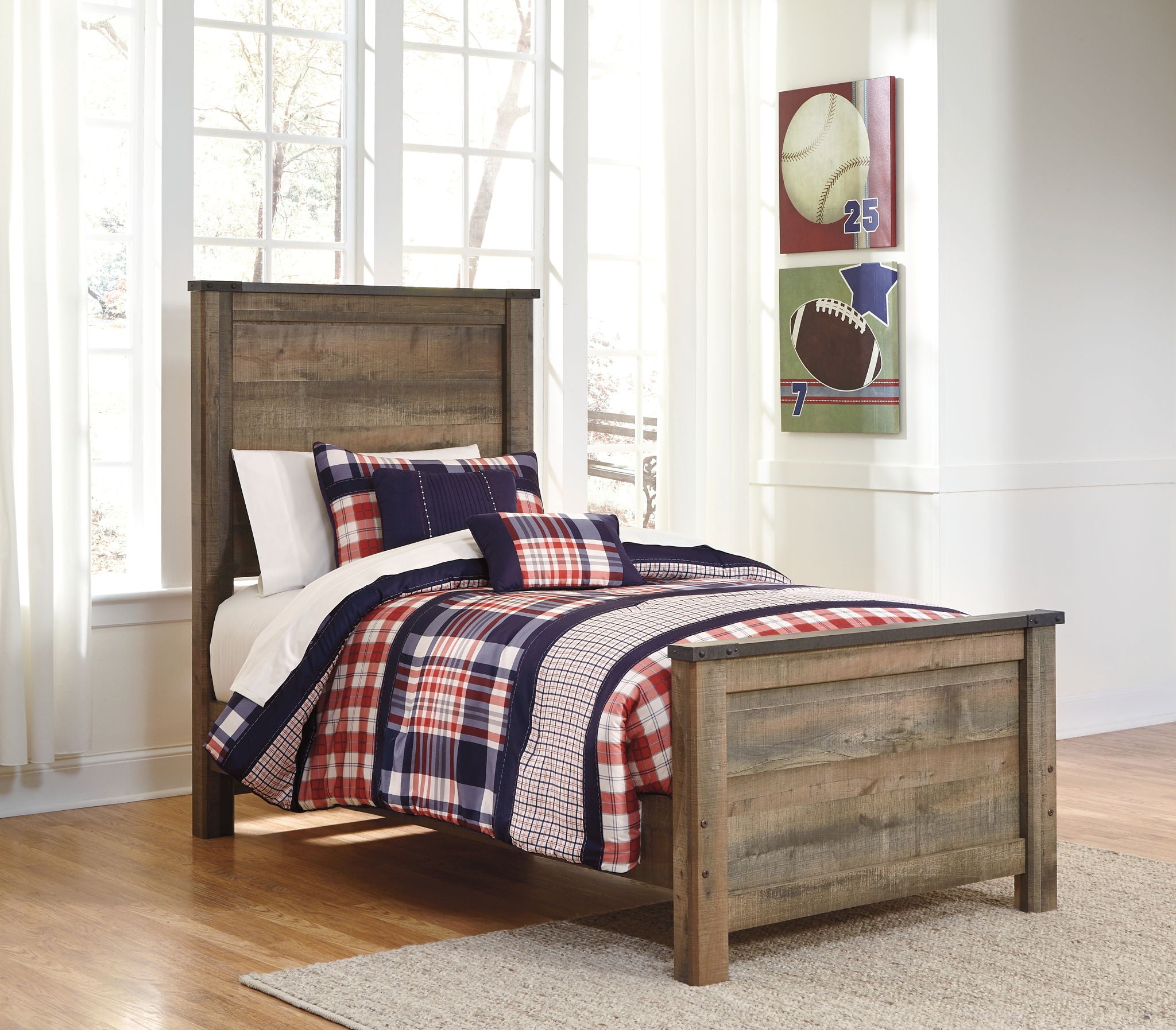 Dark brown youth panel headboard with side rails and flat top