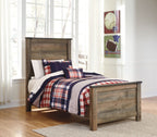 Dark brown panel bed with paneled headboard and plaid bedding, front view