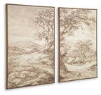 Two framed landscape wall art prints showing a winding path and tree in beige and brown