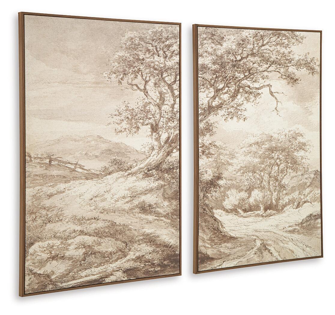 Two framed landscape wall art prints showing a winding path and tree in beige and brown