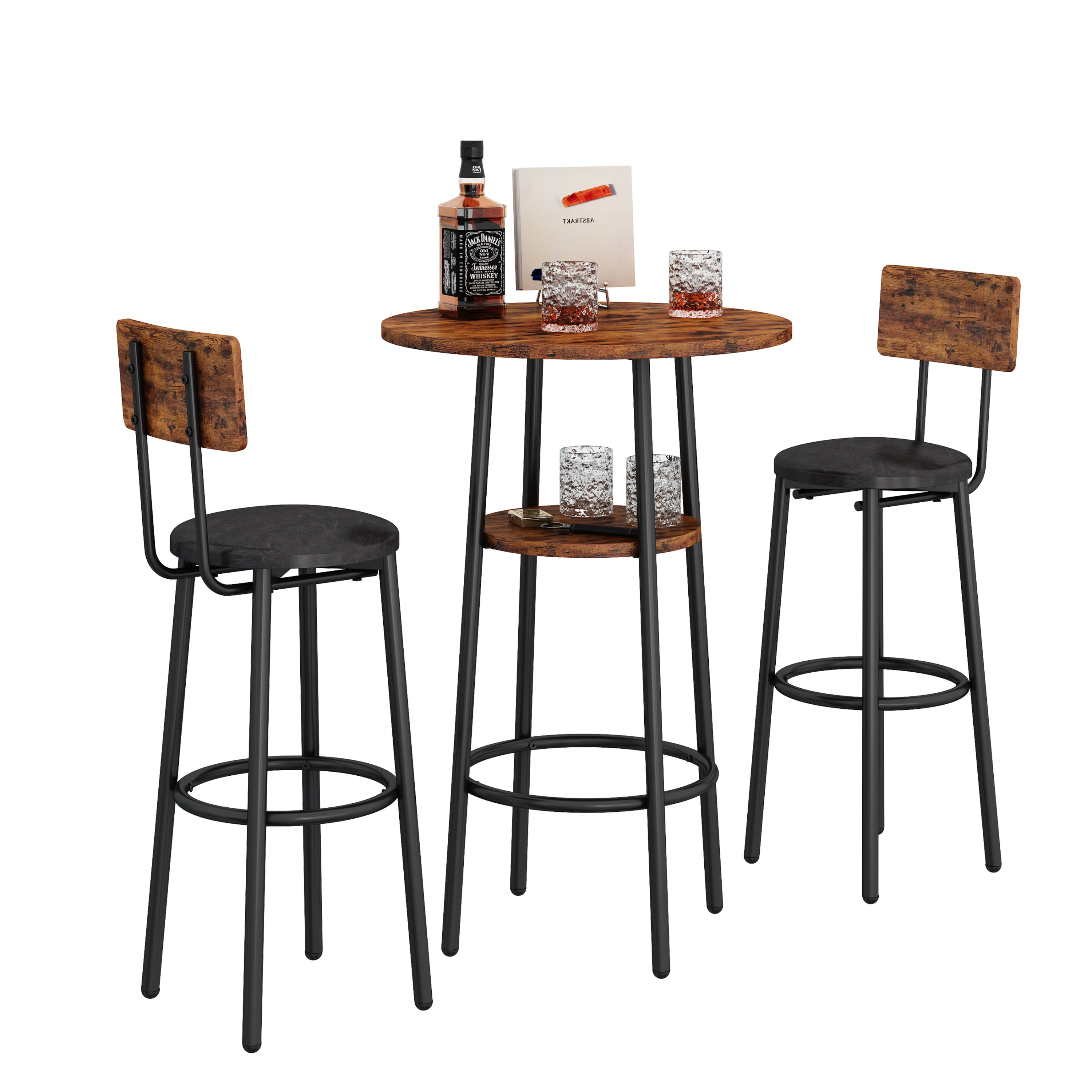 Rustic Round Bar Stools with Shelf (Set of 2)