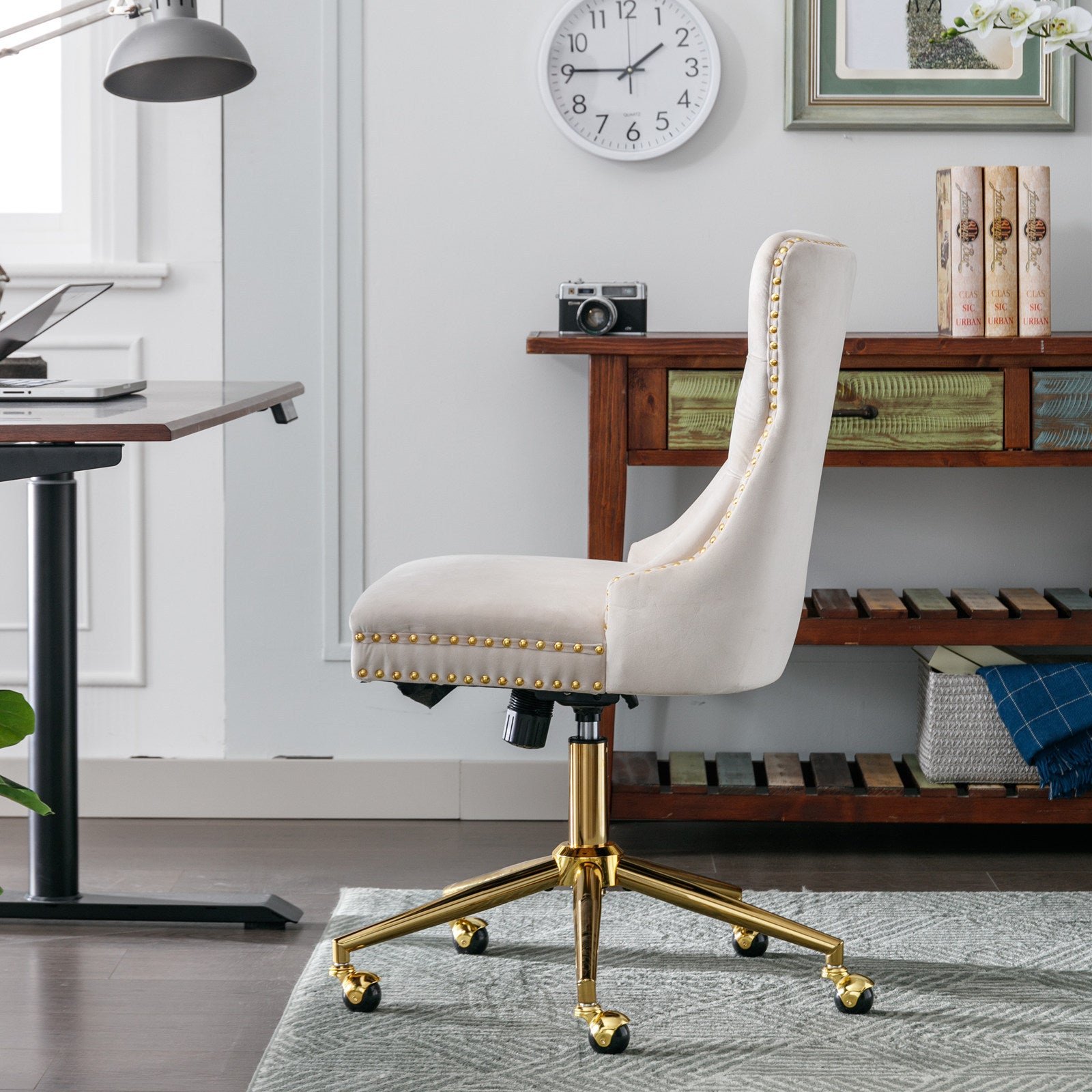 Velvet Tufted Office Chair w/ Gold Base- Beige