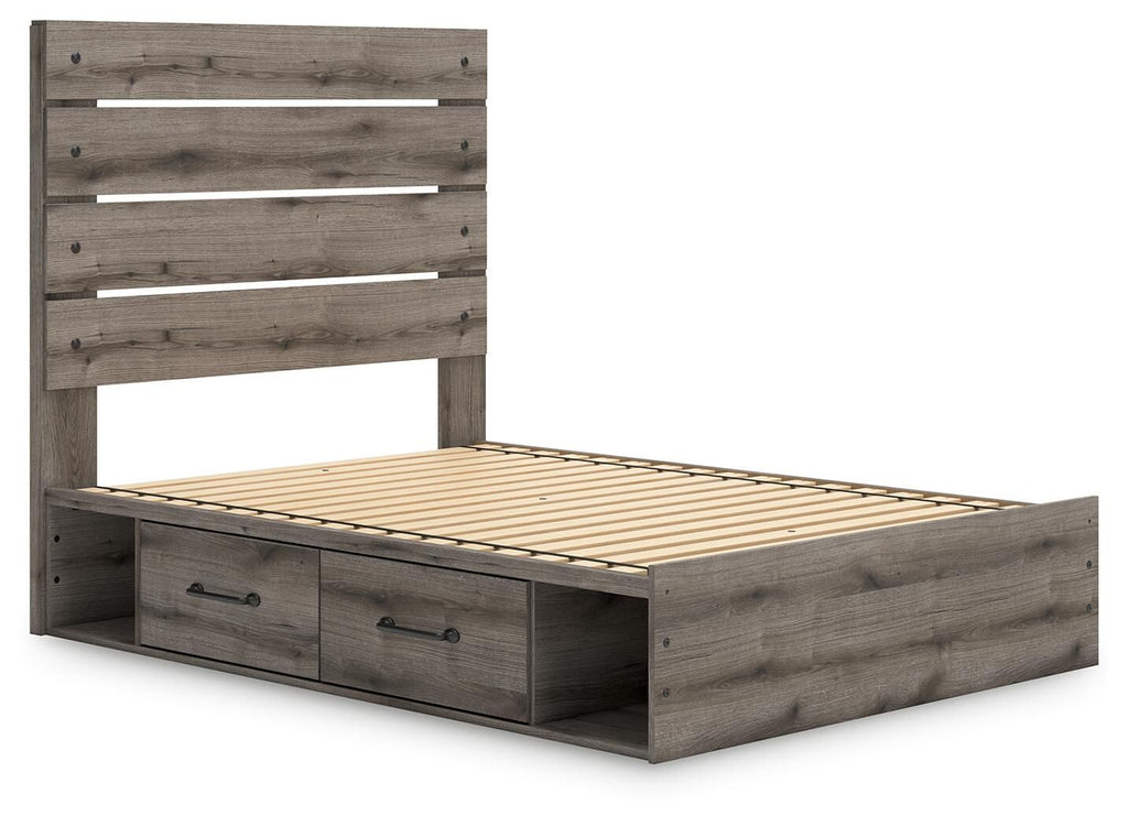 Dark gray panel bed with storage drawers and slatted base