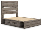 Dark gray panel bed with storage drawers and slatted base