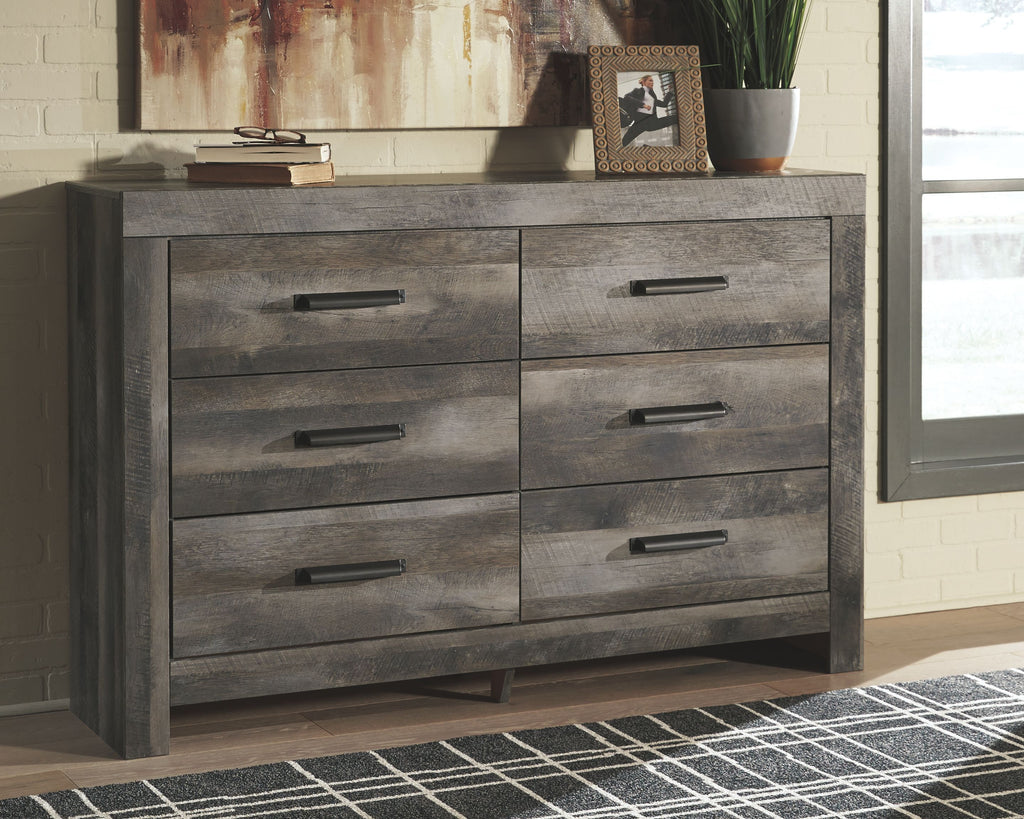 Gray dresser with six drawers and bar handles, front view