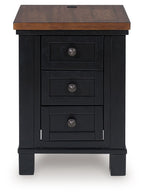 Brown top chair side end table with three front drawers and round brushed knobs