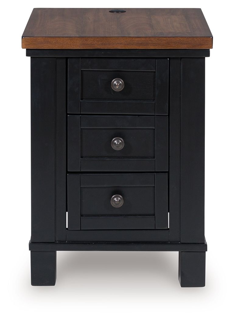 Brown top chair side end table with three front drawers and round brushed knobs