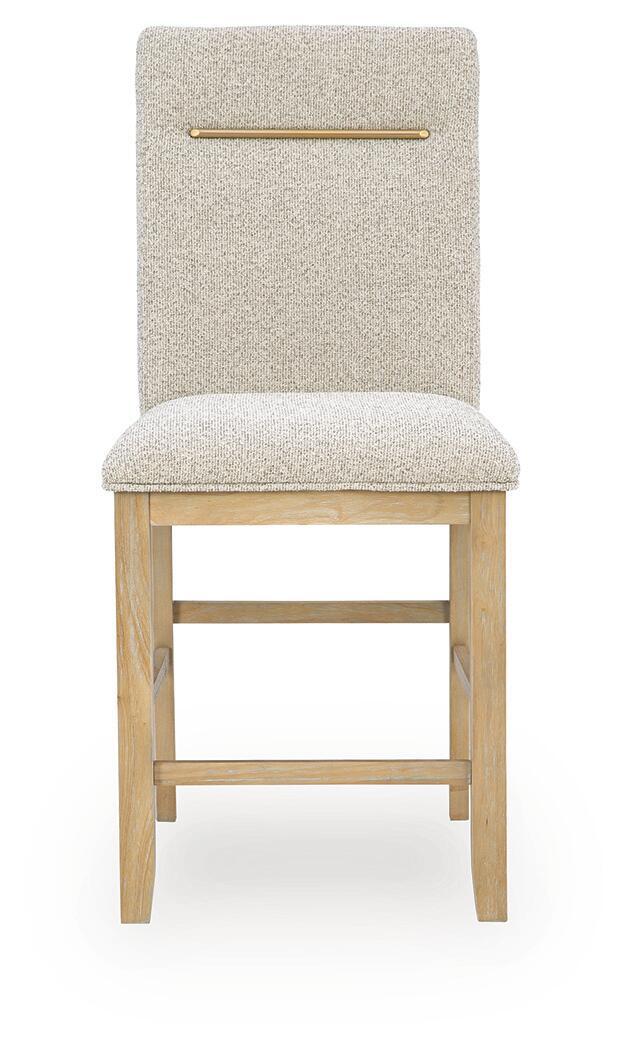 Upholstered barstool with light brown textured upholstery, wooden legs, brass bar