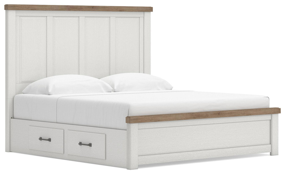 White storage bed with panel headboard and two drawer fronts on the base