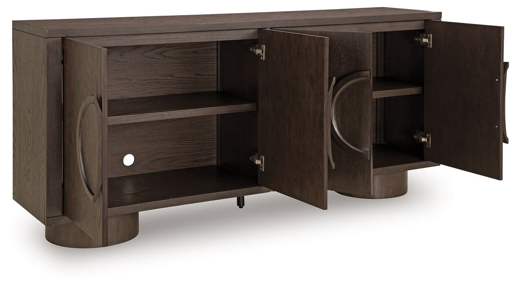 Dark brown accent cabinet with open doors, interior shelf, and oval metal ring pulls