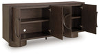 Dark brown accent cabinet with open doors, interior shelf, and oval metal ring pulls