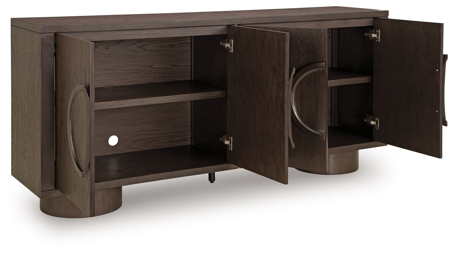 Dark brown accent cabinet with open doors, interior shelf, and oval metal ring pulls