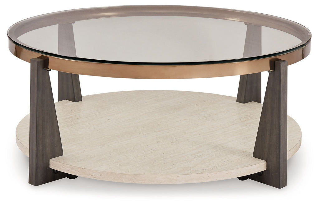 Round cocktail table with glass top and round lower shelf, dark legs, bronze trim