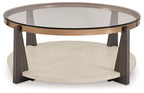 Round cocktail table with glass top and round lower shelf, dark legs, bronze trim