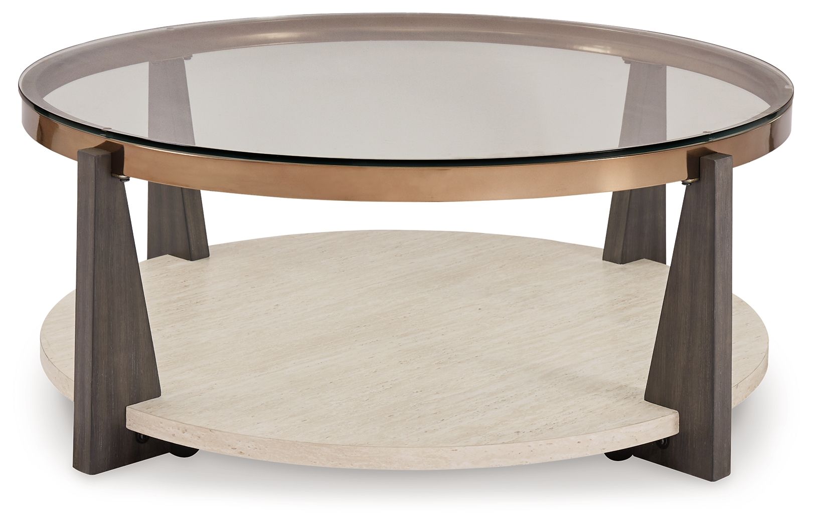 Round cocktail table with glass top and round lower shelf, dark legs, bronze trim