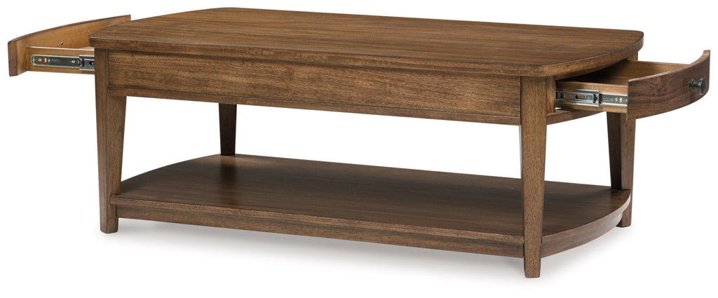 Light brown rectangular wooden end table with side hardware and lower shelf.