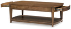 Light brown rectangular wooden end table with side hardware and lower shelf.