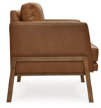Caramel accent chair back view with stitched back panel and wooden frame legs