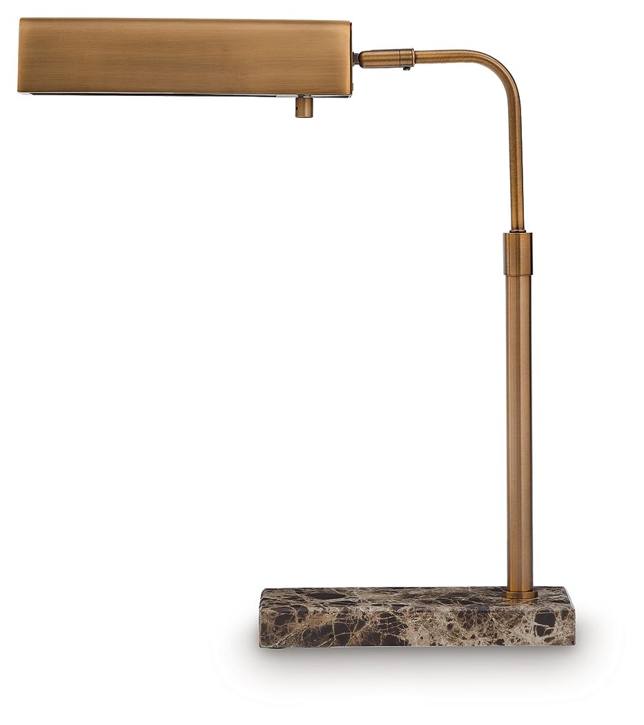 Bronze metal floor lamp with rectangular shade and stone block base
