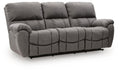 Gray power recline sofa with adjustable headrests and tufted cushions
