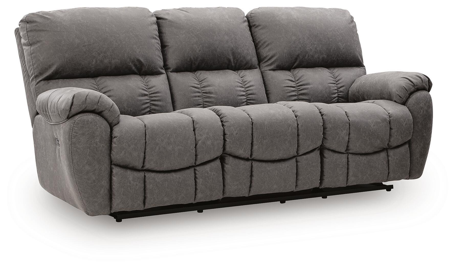 Gray power recline sofa with adjustable headrests and tufted cushions