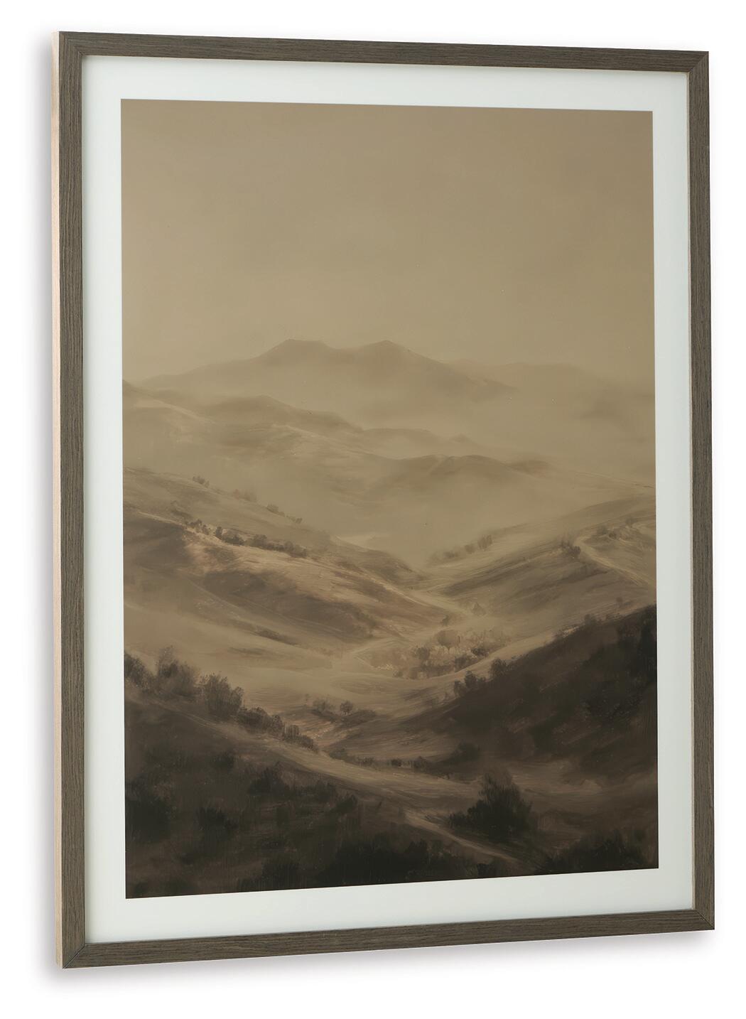 Framed mountain landscape wall art with muted brown hills and soft haze