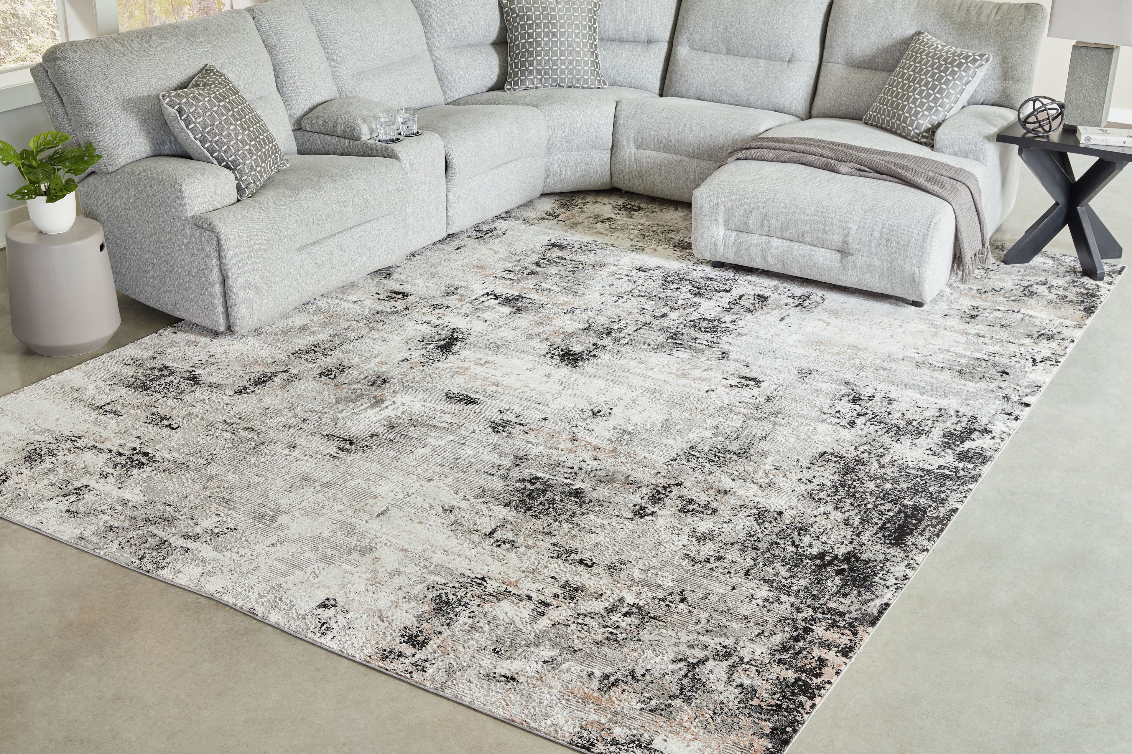 Black and gray distressed abstract area rug, flat view