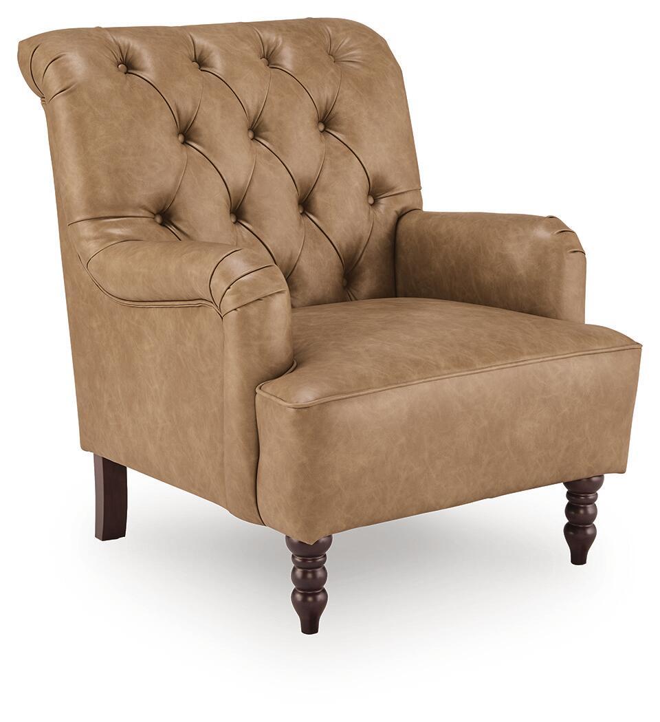 Tan upholstered accent chair with tufted back, rolled arms, and dark wooden turned legs