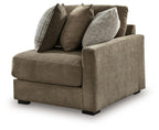 Coffee-brown linen corner armchair with square arms and three decorative pillows