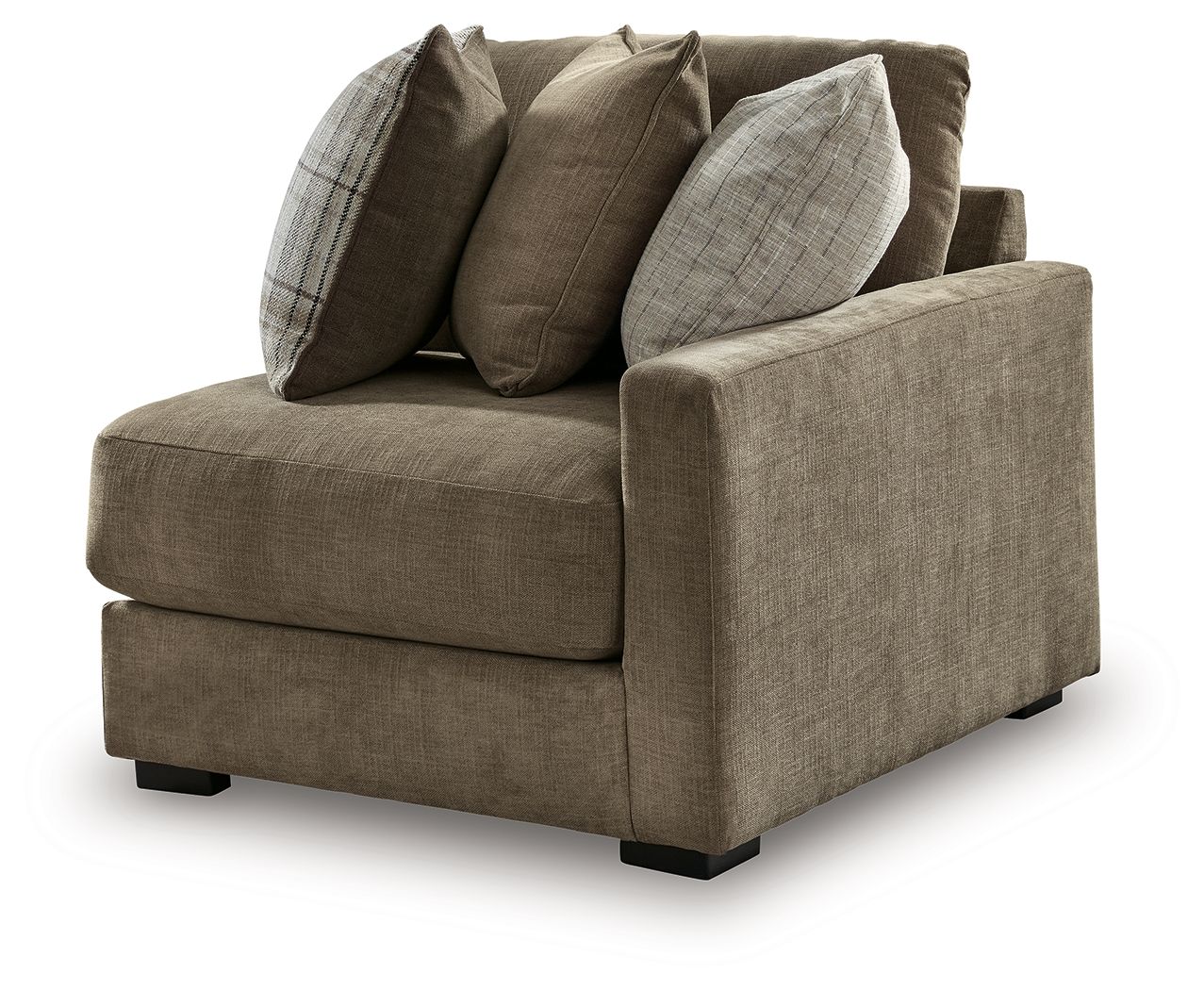 Coffee-brown linen corner armchair with square arms and three decorative pillows