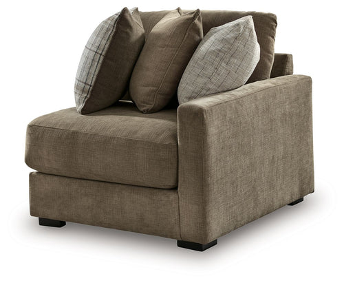 Coffee-brown linen corner armchair with square arms and three decorative pillows