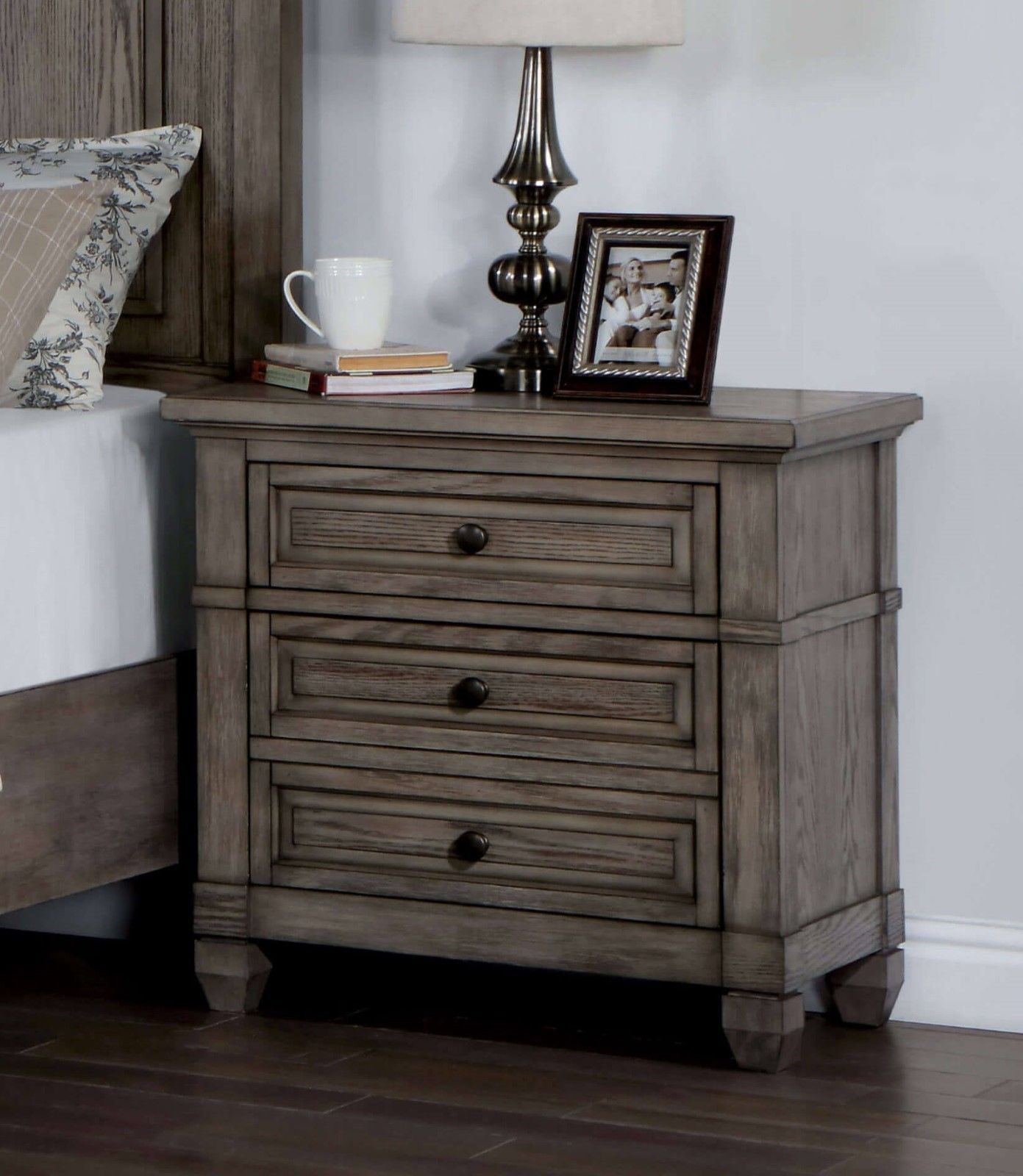 Wire-brushed Warm Gray Solid Wood 3-Drawer Nightstand Bedside Table