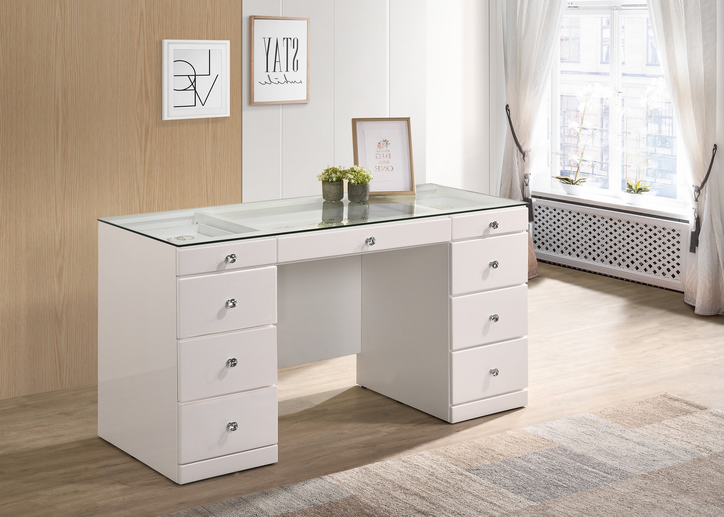 White Glam Makeup Vanity Table Glass Top 9 Drawers Bedroom Furniture