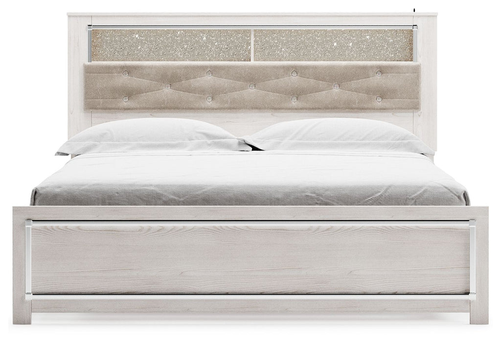 White bookcase bed with tufted gray headboard and large front storage drawer