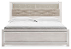 White bookcase bed with tufted gray headboard and large front storage drawer