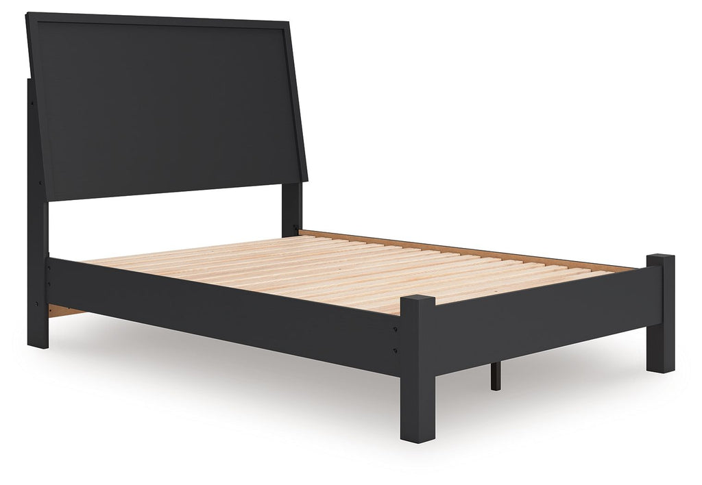 Black full panel bed frame with low footboard, tall headboard, wood slat base