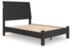 Black full panel bed frame with low footboard, tall headboard, wood slat base