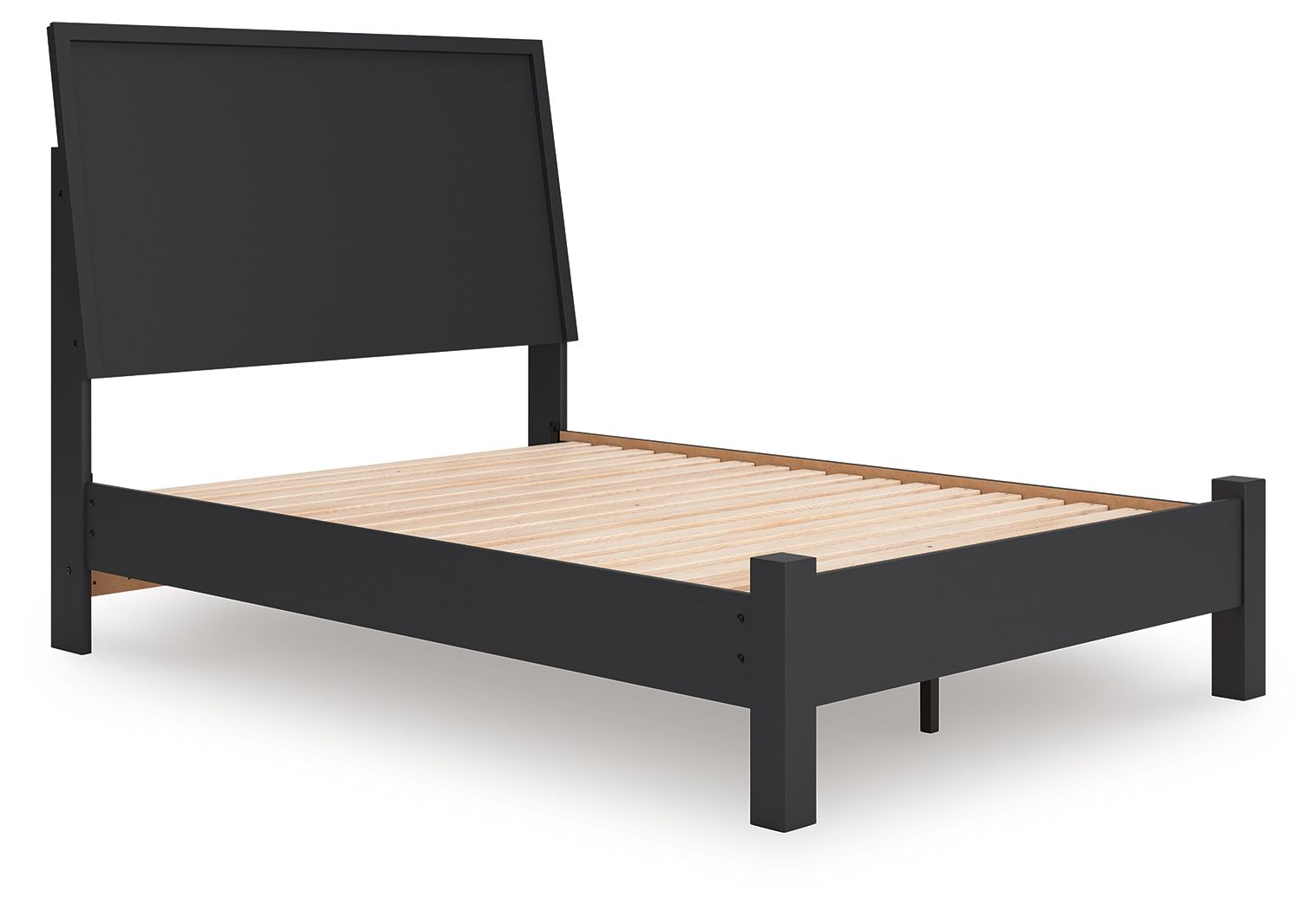 Black full panel bed frame with low footboard, tall headboard, wood slat base