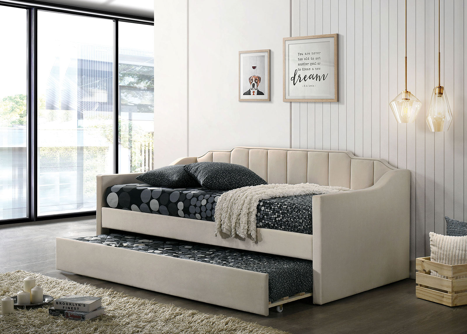 Contemporary Twin Daybed with Trundle - Channel Tufted Beige