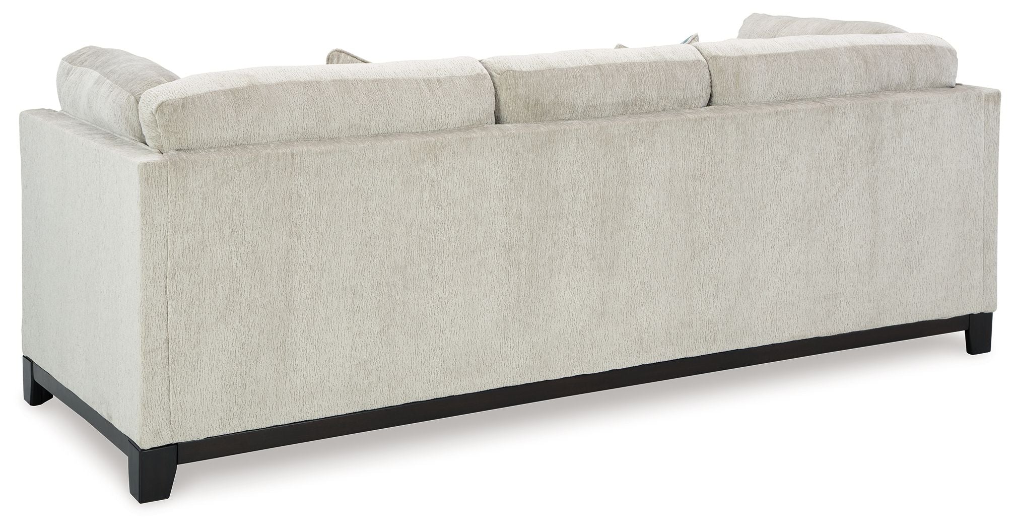 Stone fabric sofa with rolled arms and dark wooden legs