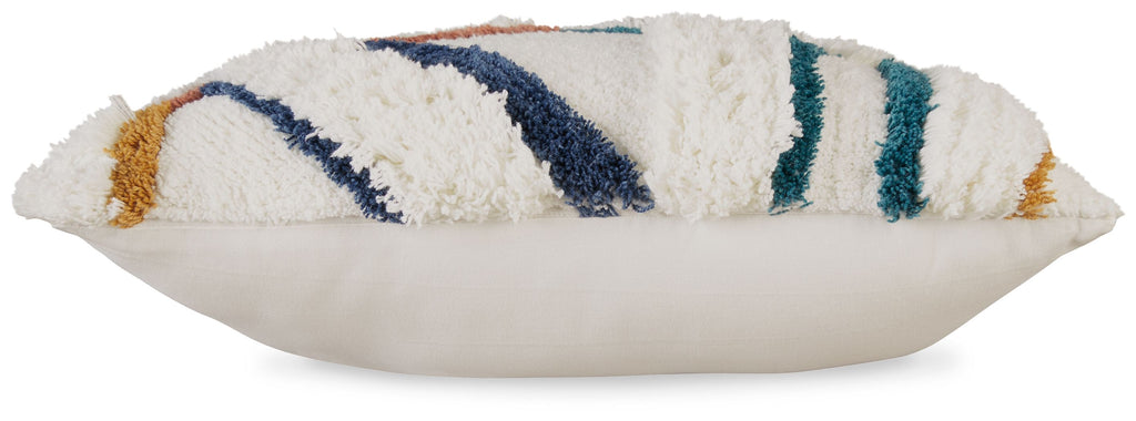 Evermore pillow cover with fuzzy white front and geometric stripes in dark blue, teal, rust